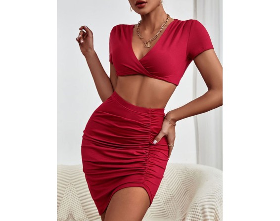 Twisted Deep V Cropped Top and Ruched Skirt Set