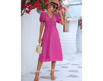 Twisted Short Puff Sleeve V-Neck Dress