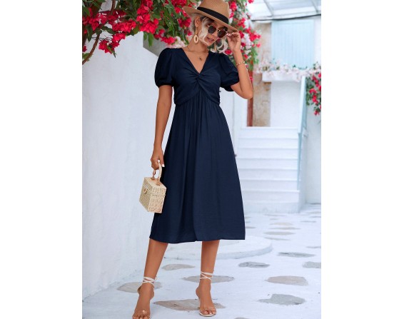 Twisted Short Puff Sleeve V-Neck Dress