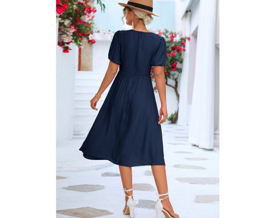 Twisted Short Puff Sleeve V-Neck Dress