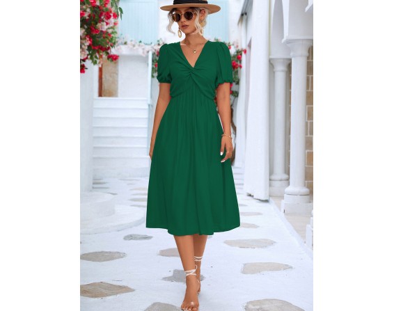 Twisted Short Puff Sleeve V-Neck Dress