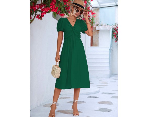 Twisted Short Puff Sleeve V-Neck Dress