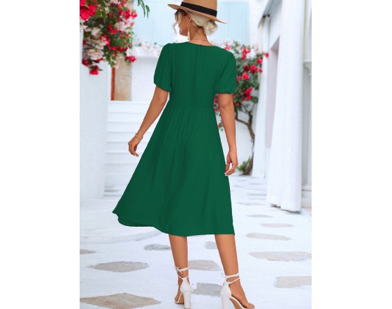 Twisted Short Puff Sleeve V-Neck Dress