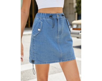 Drawstring Denim Skirt with Pockets