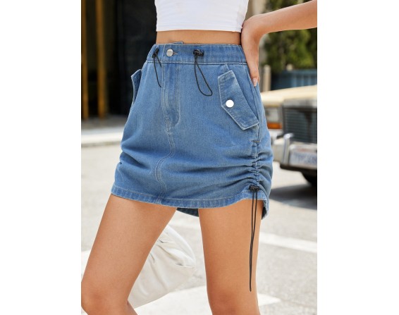 Drawstring Denim Skirt with Pockets