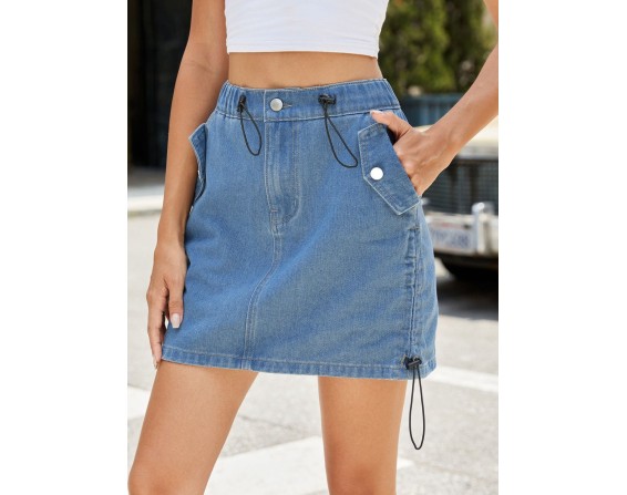 Drawstring Denim Skirt with Pockets