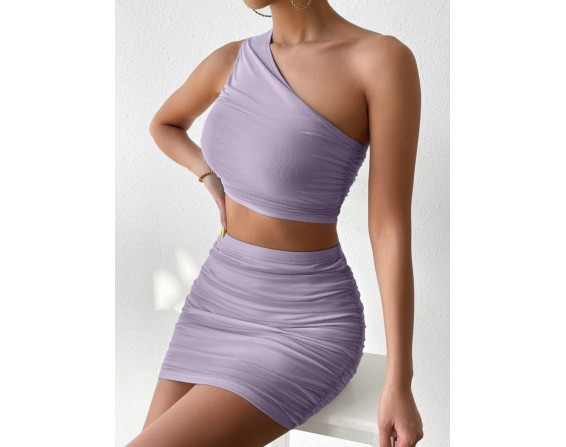 Ruched Single Shoulder Top and Skirt Set