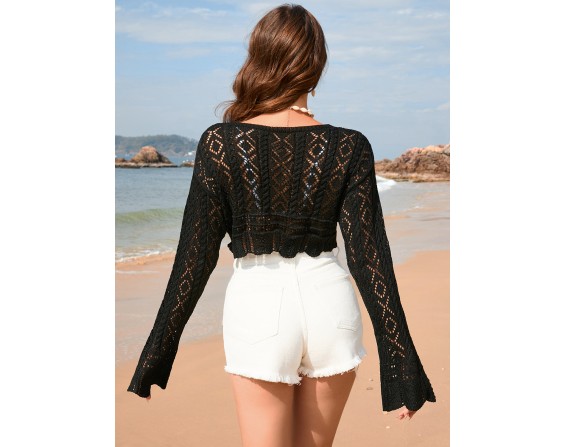 Drawstring Openwork Long Sleeve Cover-Up