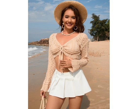 Drawstring Openwork Long Sleeve Cover-Up