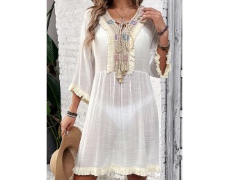 Fringe Tie Neck Three-Quarter Sleeve Cover Up