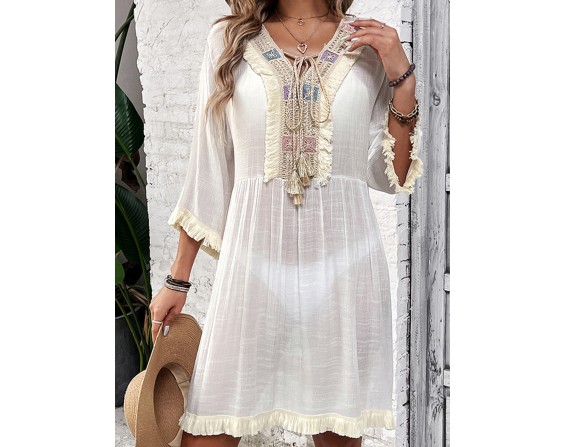 Fringe Tie Neck Three-Quarter Sleeve Cover Up