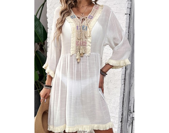 Fringe Tie Neck Three-Quarter Sleeve Cover Up