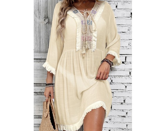 Fringe Tie Neck Three-Quarter Sleeve Cover Up