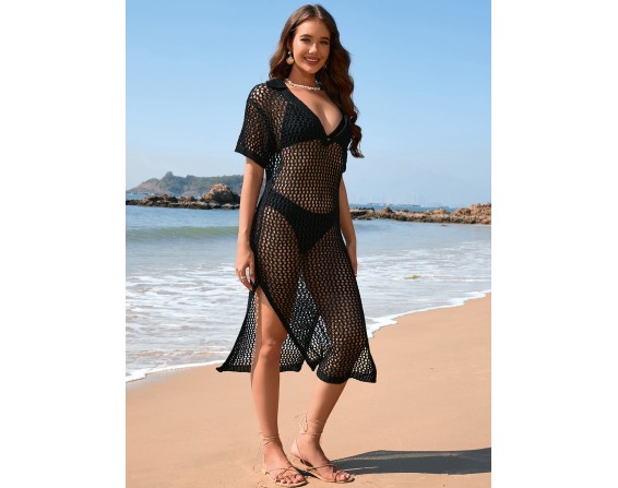 Slit Openwork Short Sleeve Cover-Up