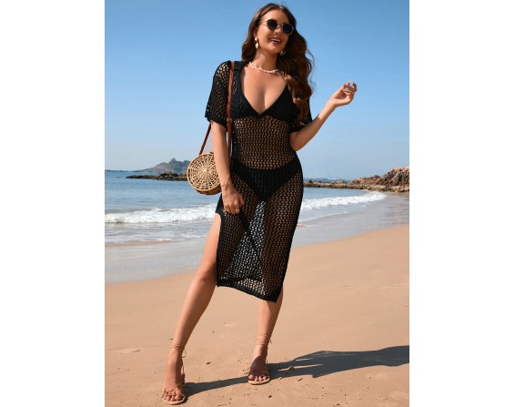 Slit Openwork Short Sleeve Cover-Up