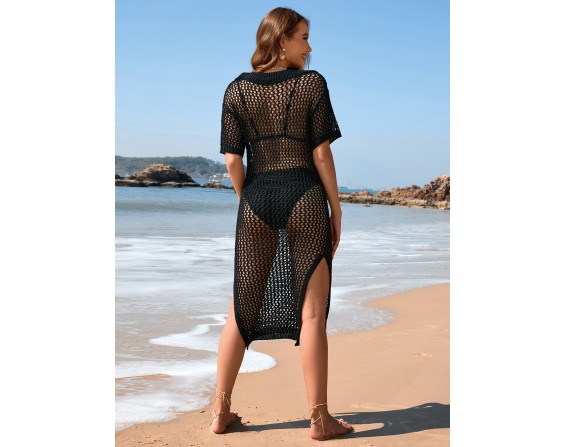 Slit Openwork Short Sleeve Cover-Up