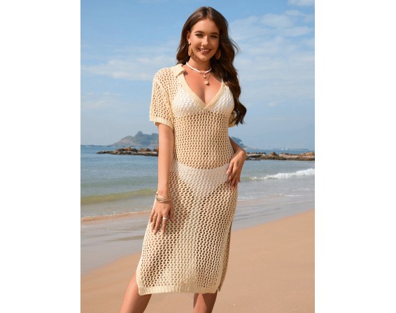 Slit Openwork Short Sleeve Cover-Up