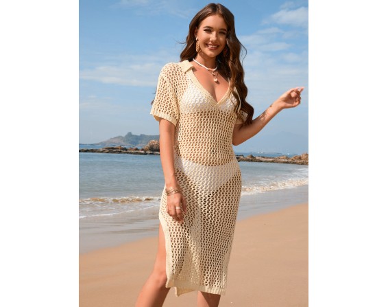 Slit Openwork Short Sleeve Cover-Up