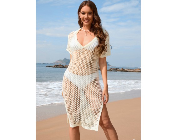 Slit Openwork Short Sleeve Cover-Up