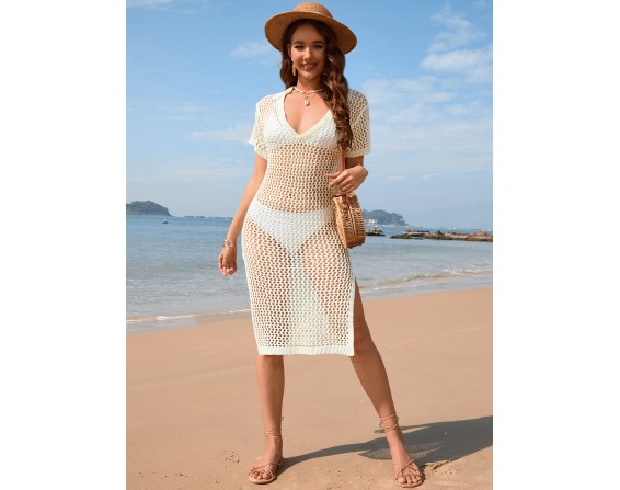 Slit Openwork Short Sleeve Cover-Up