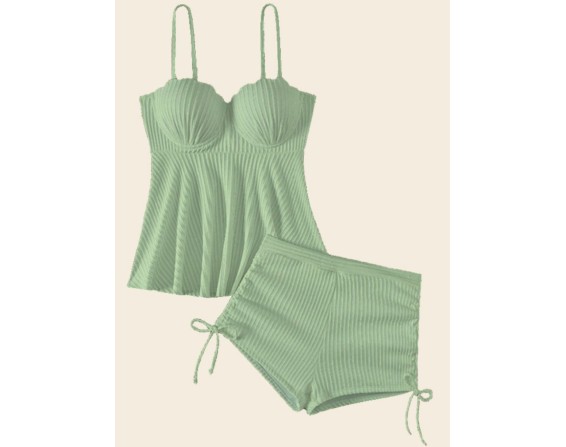 Textured Drawstring Spaghetti Strap Two-Piece Swim Set