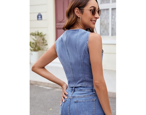 Button Up V-Neck Sleeveless Denim Top