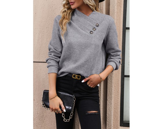 Buttoned Neck Long Sleeve Blouse