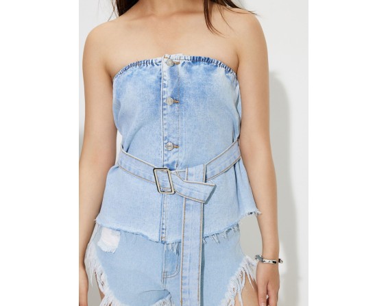 Buttoned Raw Hem Tube Denim Top