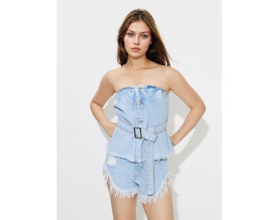 Buttoned Raw Hem Tube Denim Top