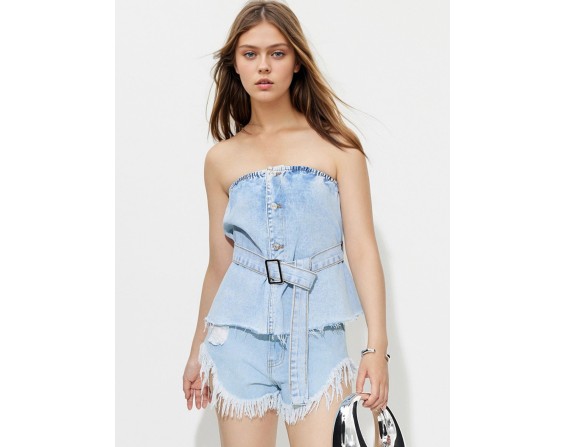 Buttoned Raw Hem Tube Denim Top