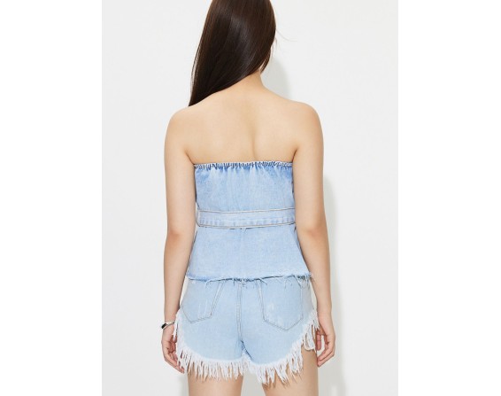 Buttoned Raw Hem Tube Denim Top