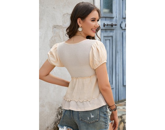 Deep V Frill Trim Babydoll Blouse