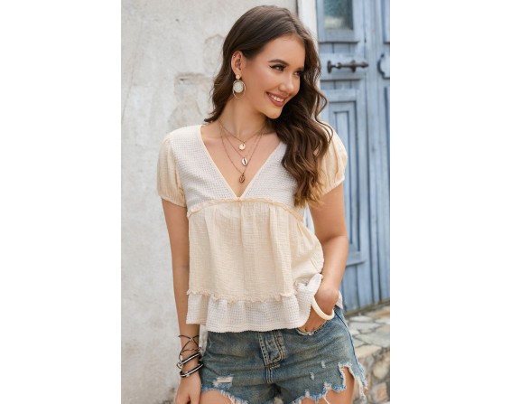 Deep V Frill Trim Babydoll Blouse