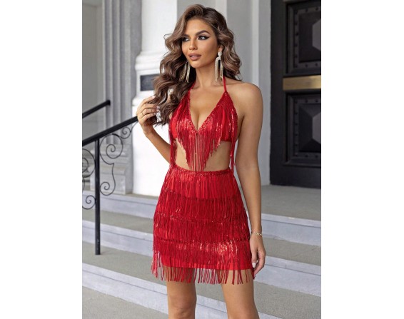 Fringe Halter Neck Top and Mini Skirt Set