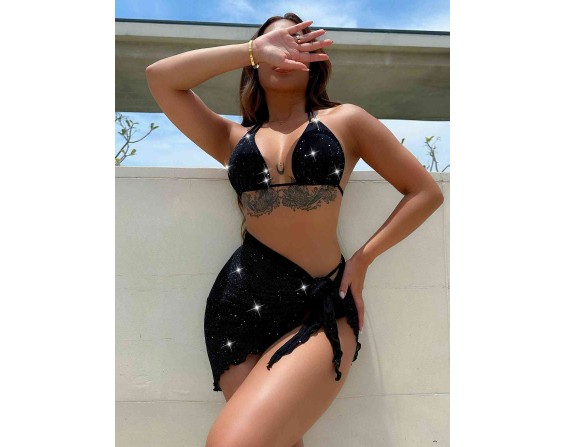 Glitter Halter Neck Backless Three-Piece Swim Set