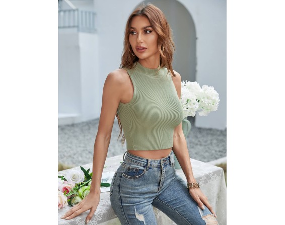 Mock Neck Sleeveless Ribbed Crop Top