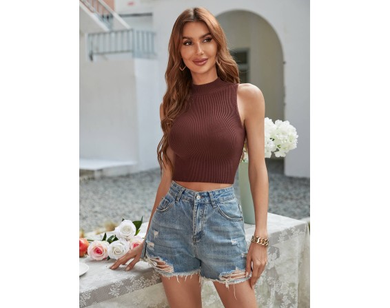 Mock Neck Sleeveless Ribbed Crop Top