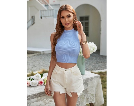 Mock Neck Sleeveless Ribbed Crop Top