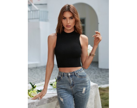 Mock Neck Sleeveless Ribbed Crop Top