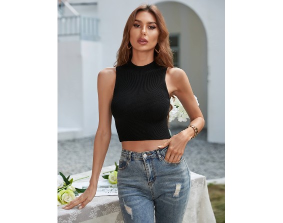 Mock Neck Sleeveless Ribbed Crop Top