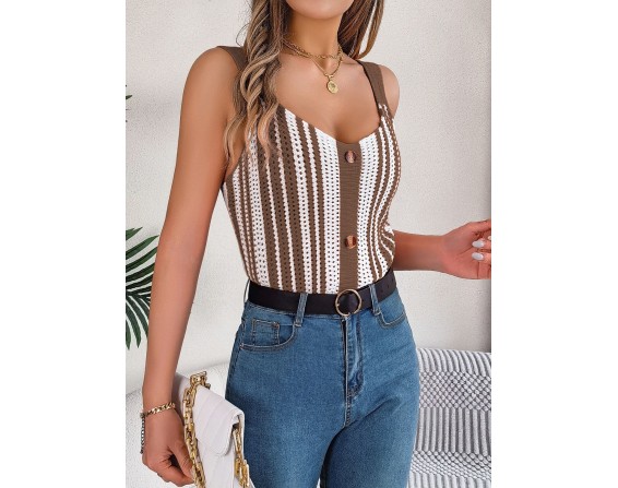 Openwork Striped V-Neck Tank