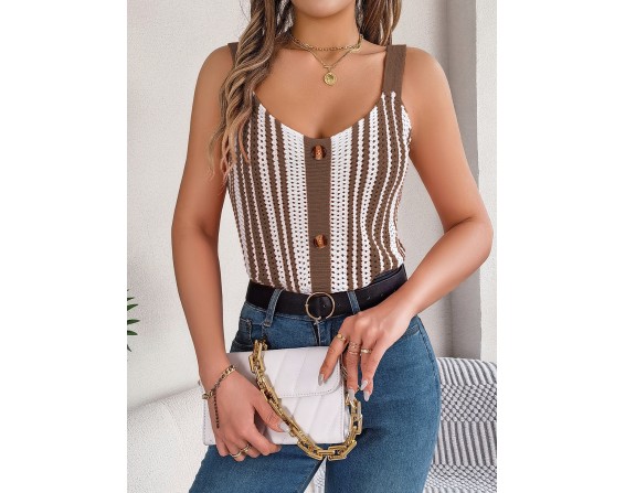 Openwork Striped V-Neck Tank