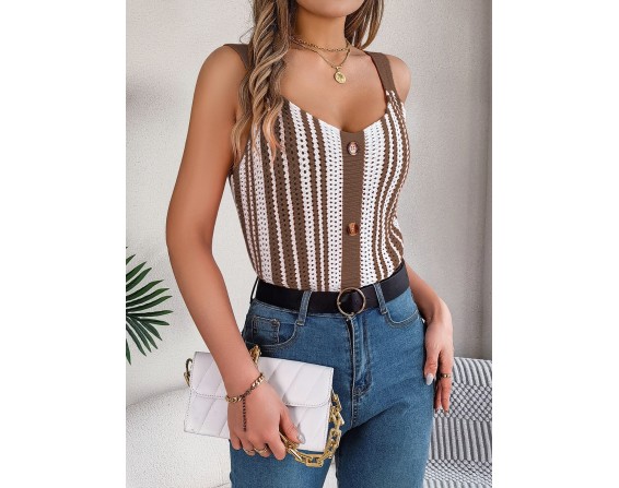 Openwork Striped V-Neck Tank