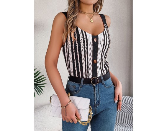 Openwork Striped V-Neck Tank