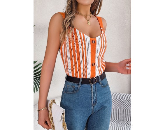 Openwork Striped V-Neck Tank