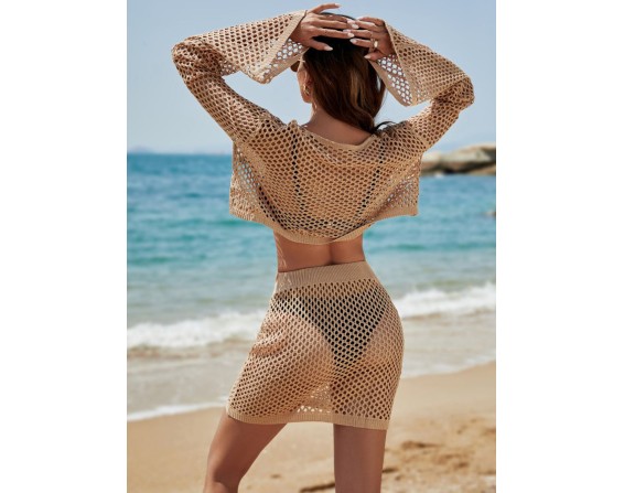 Openwork Tie Neck Top and Skirt Swimsuit Cover-Up Set