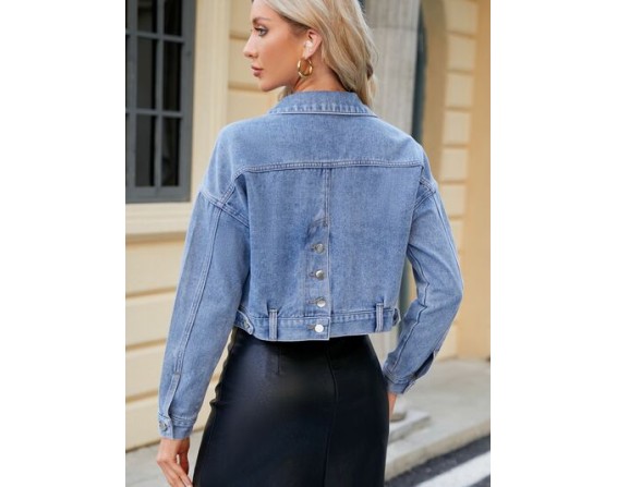 Pocketed Button Up Dropped Shoulder Denim Jacket