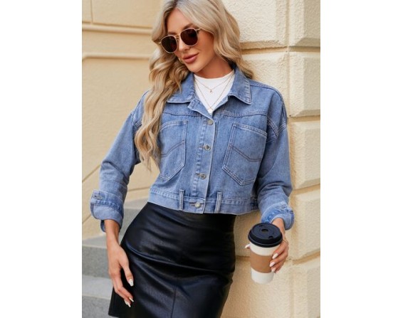 Pocketed Button Up Dropped Shoulder Denim Jacket