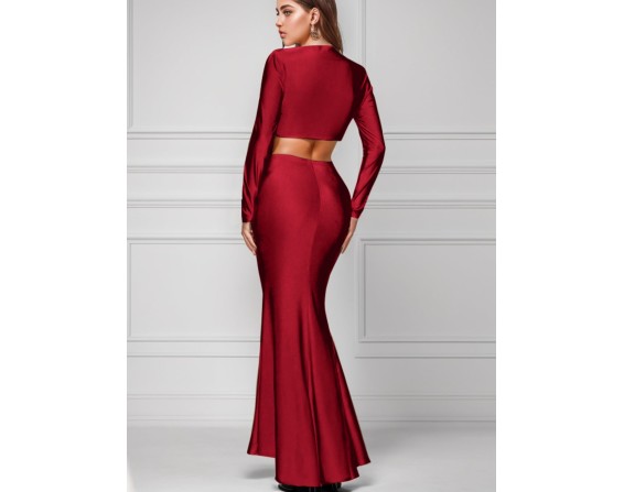 Ruched Long Sleeve Top and Slit Skirt Set