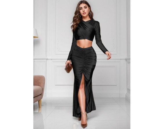 Ruched Long Sleeve Top and Slit Skirt Set